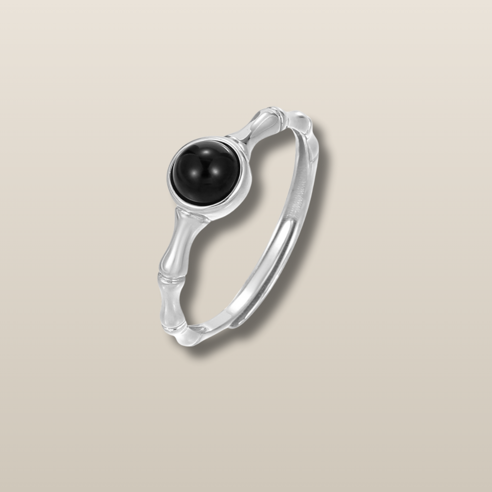 Black Tourmaline Bamboo Silver Balance Ring
