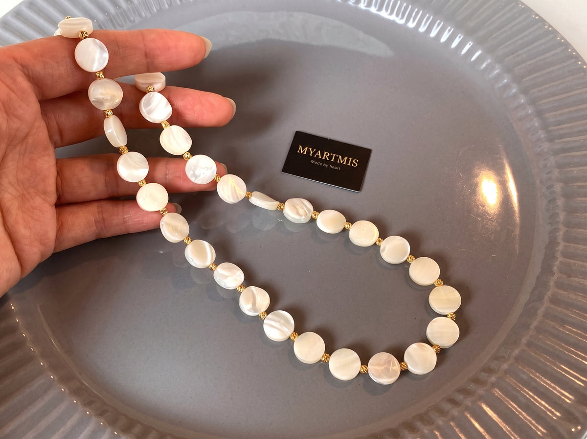 Natural Mother of Pearl Shell Beaded Choker Necklace & Matching Bracelet Jewelry Set for Women