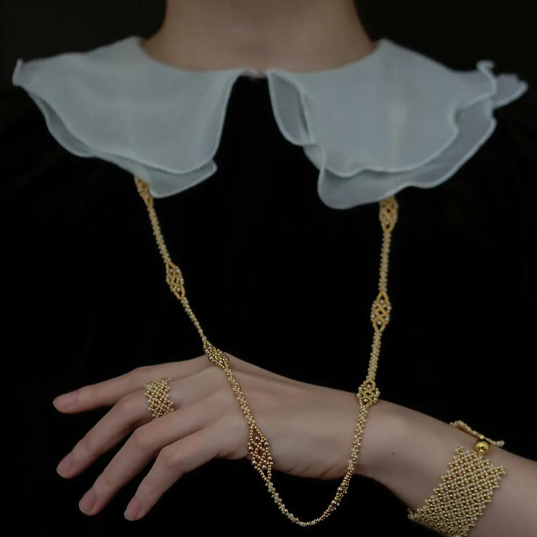 Handwoven  Champagne Gold Beaded Lace Pearl Bracelet / Necklace / Ring