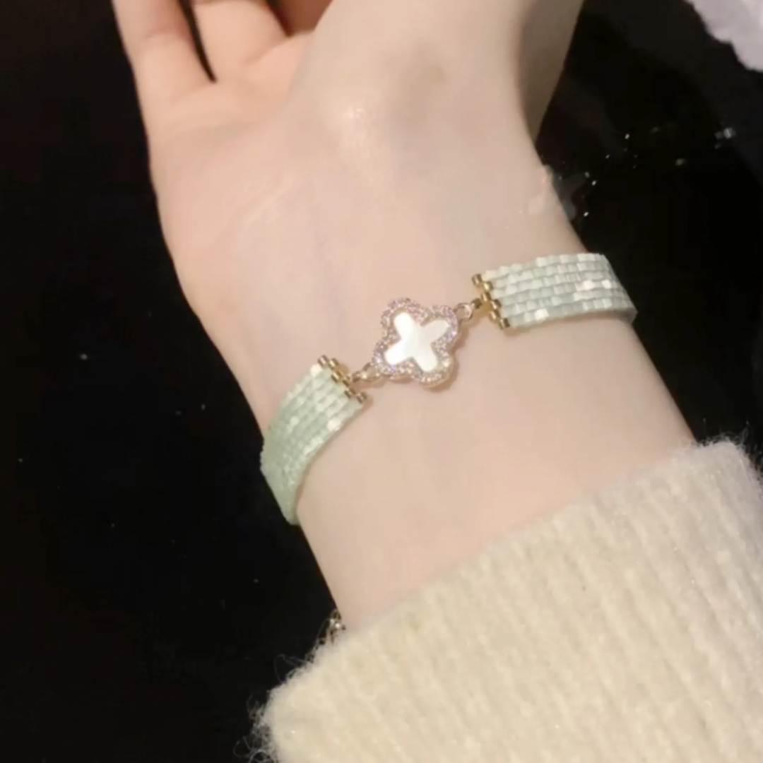 Handwoven Japanese Vintage Green Beaded Clover Bracelet