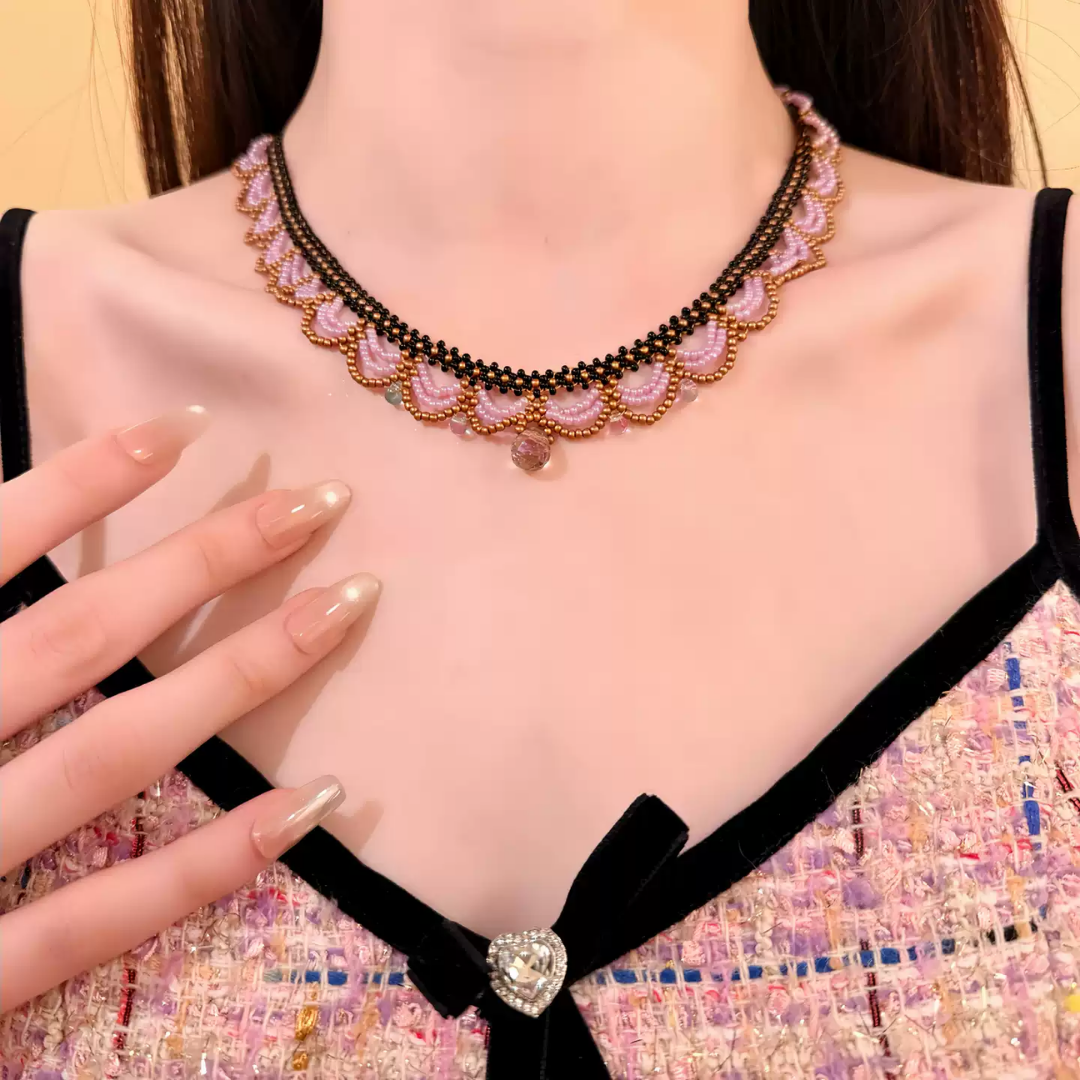 Handwoven French Beaded Lace Choker Vintage Layered Necklace / Bracelet