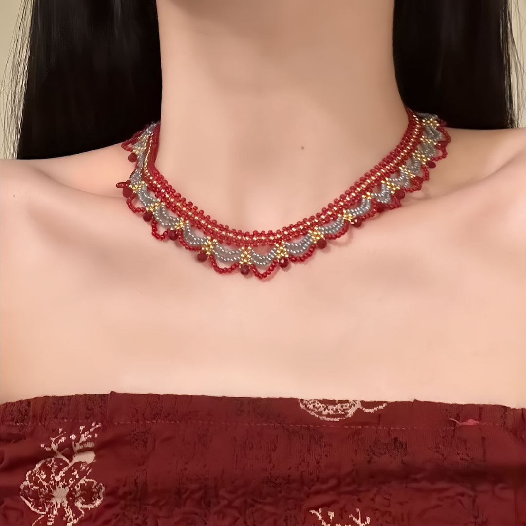 Handwoven Royal Red Blue Lace Choker Vintage Statement Necklace