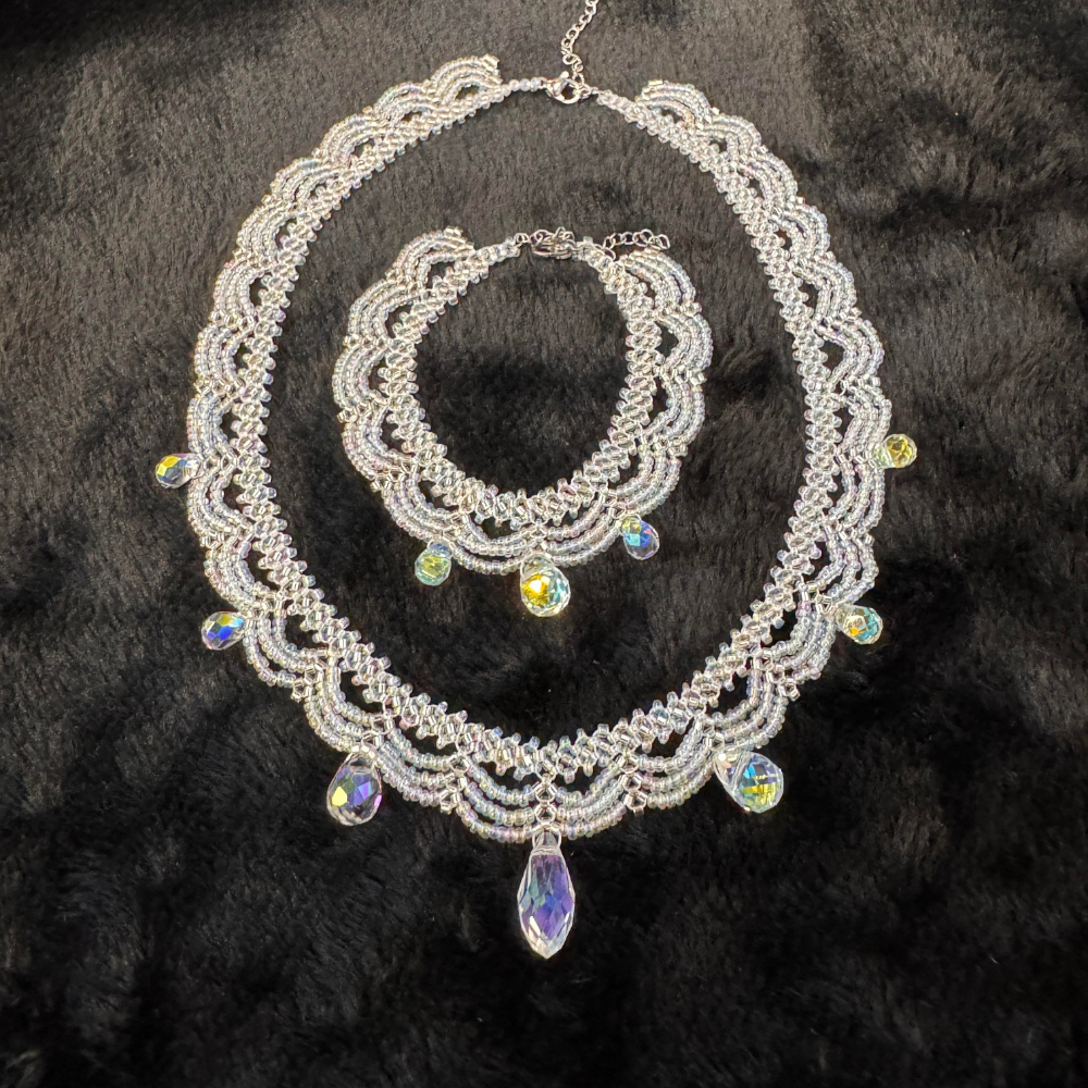 Handwoven Crystal Teardrop Pendant Iridescent Beaded Lace Statement Necklace / Bracelet