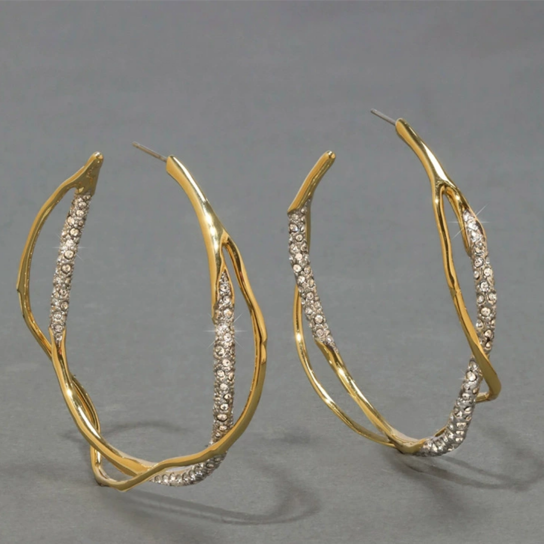 Gold Twisted Hoop Cubic Zirconia Modern Statement Earrings