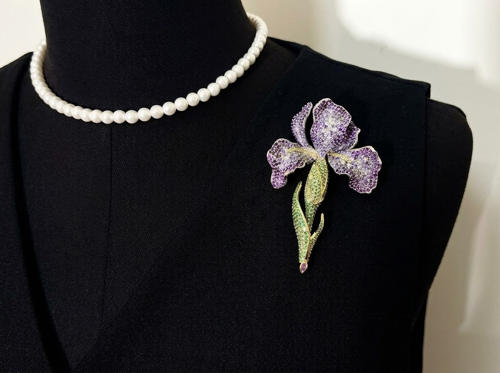 Luxurious French Gradient Purple Iris Flower Brooch Pin & Matching Bracelet Jewelry Gift for Womenv