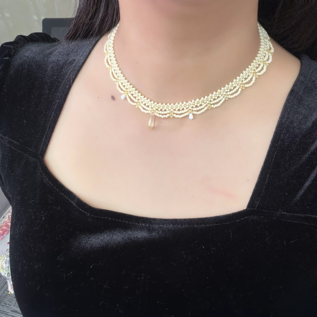 Handwoven Beaded Lace Pale Yellow Vintage French Style Necklace