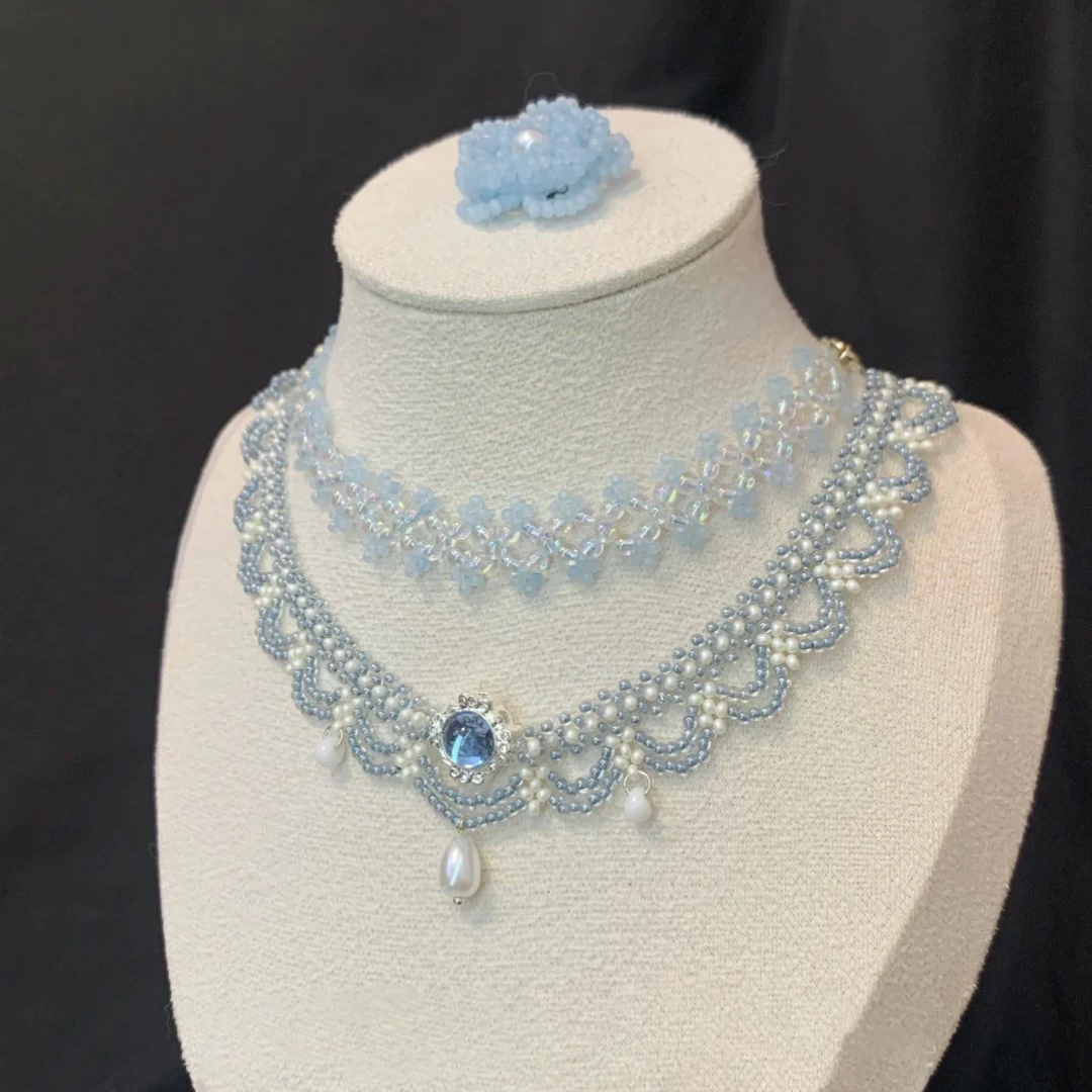 Handwoven French Pearl Lace Multi Layer Beaded Statement Necklace