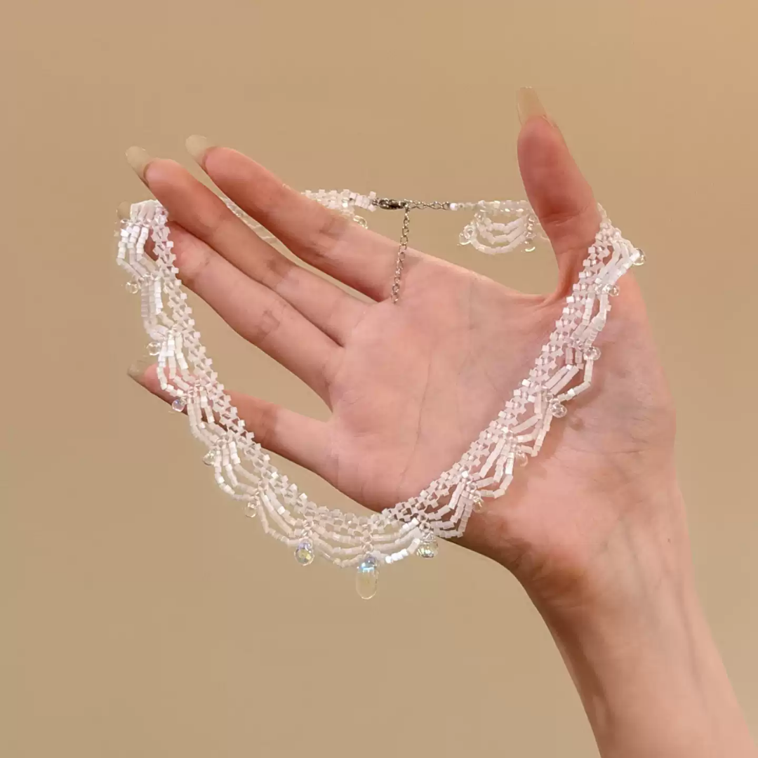 Handwoven French Beaded Lace Necklace Adjustable Choker Necklace