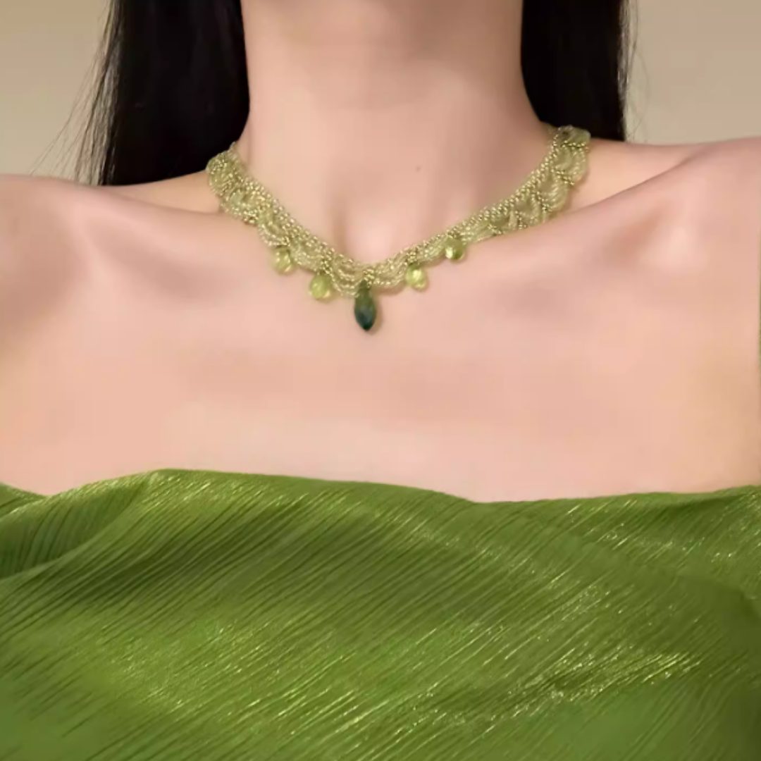 Handwoven Green Lace Beaded Choker Boho Statement Necklace
