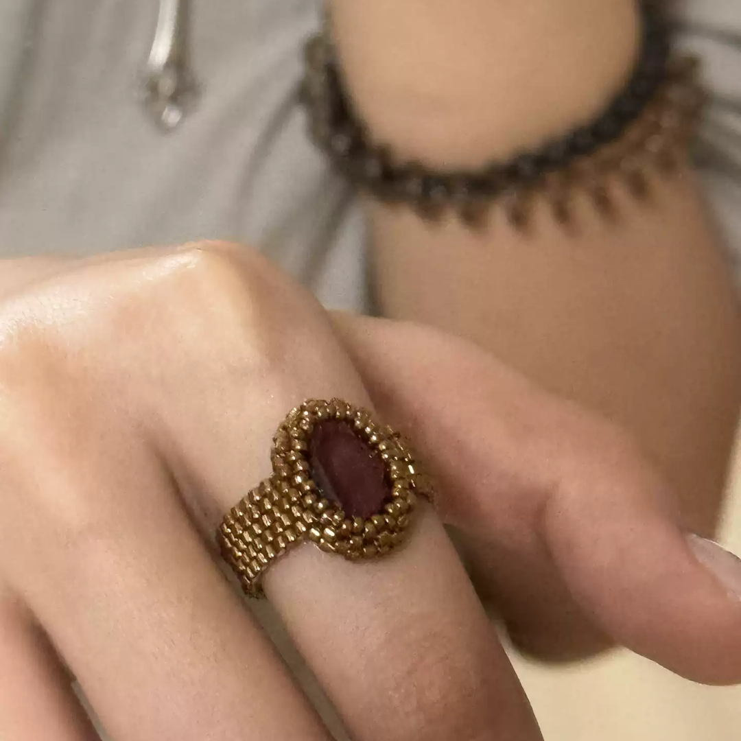 Handwoven Beaded Red Crystal Statement Ring Vintage Adjustable Ring