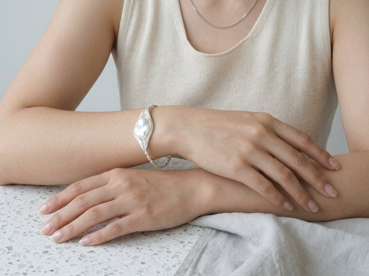 Handmade Wire Wrapped Pearl Bangle, Freshwater Baroque Pearl Silver Cuff Bracelet, Unique Bridal Gift for Her, Adjustable Jewelry