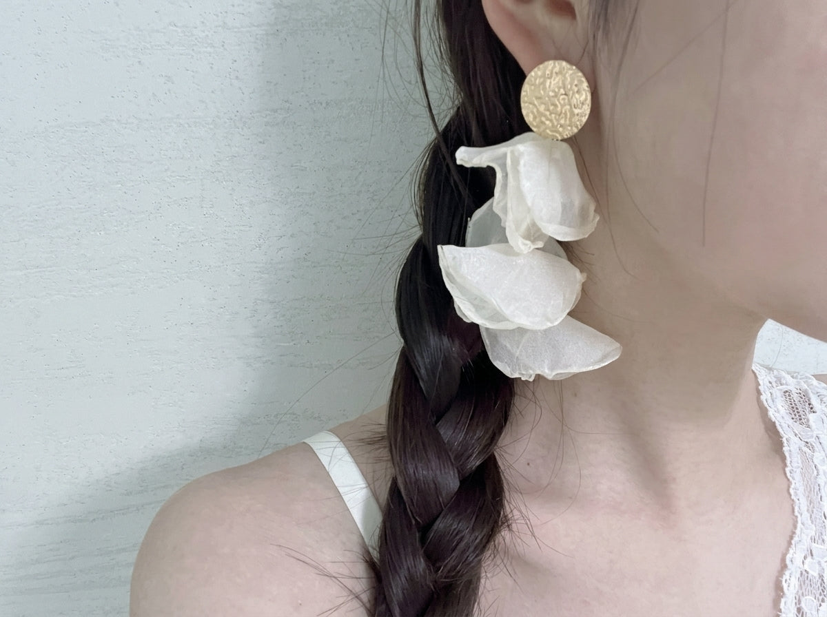 Handmade Chiffon Flower Petal Earrings, Long Floral Dangle Earrings, 925 Silver Post, Elegant Beach Vacation Jewelry Gift for Her