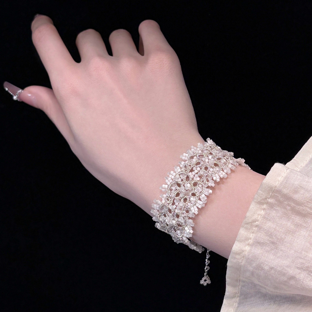 White Moonstone Lace Beaded Handwoven Frivolite Bracelet