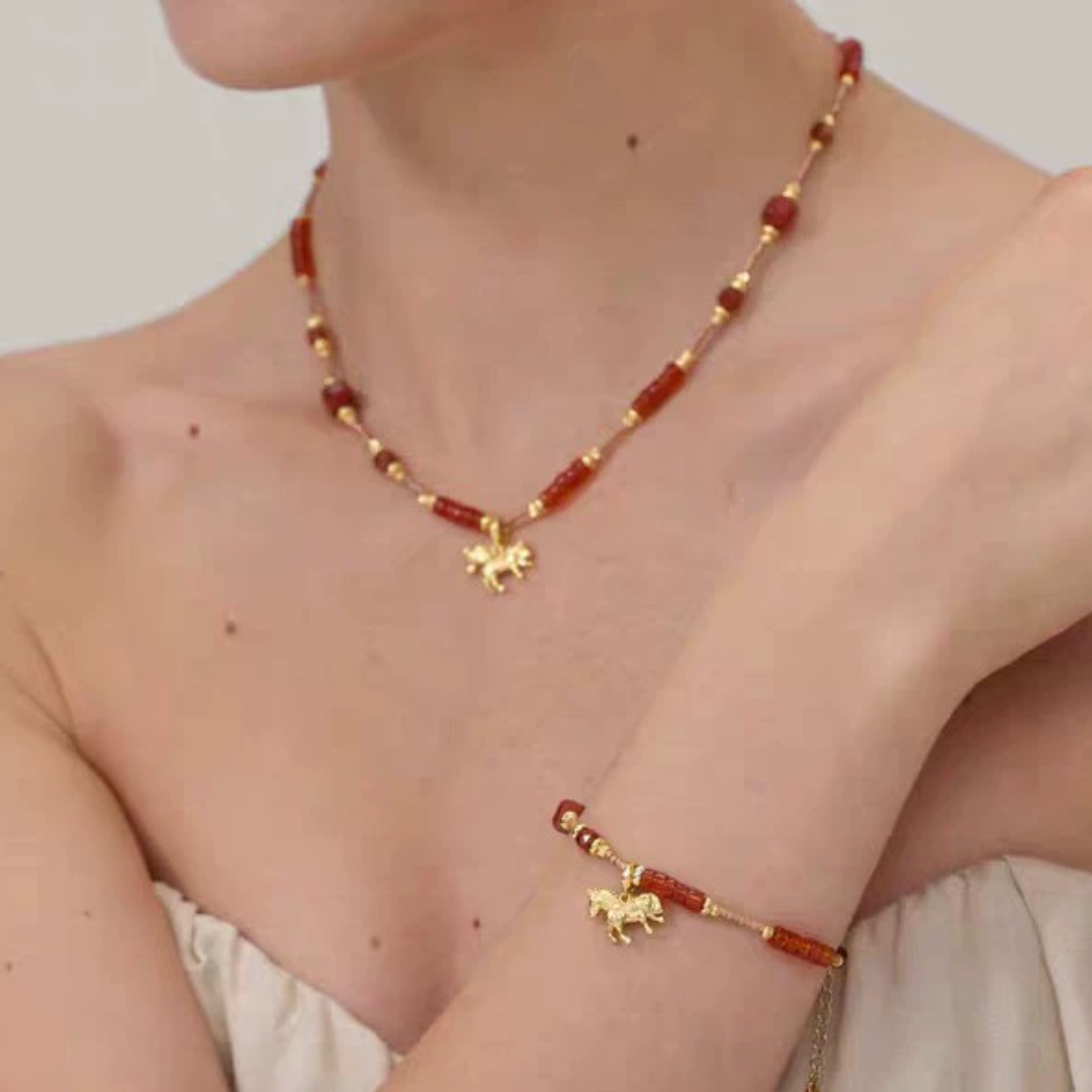Red Agate Horse Charm Necklace Gold Beaded Pendant Necklace / Bracelet