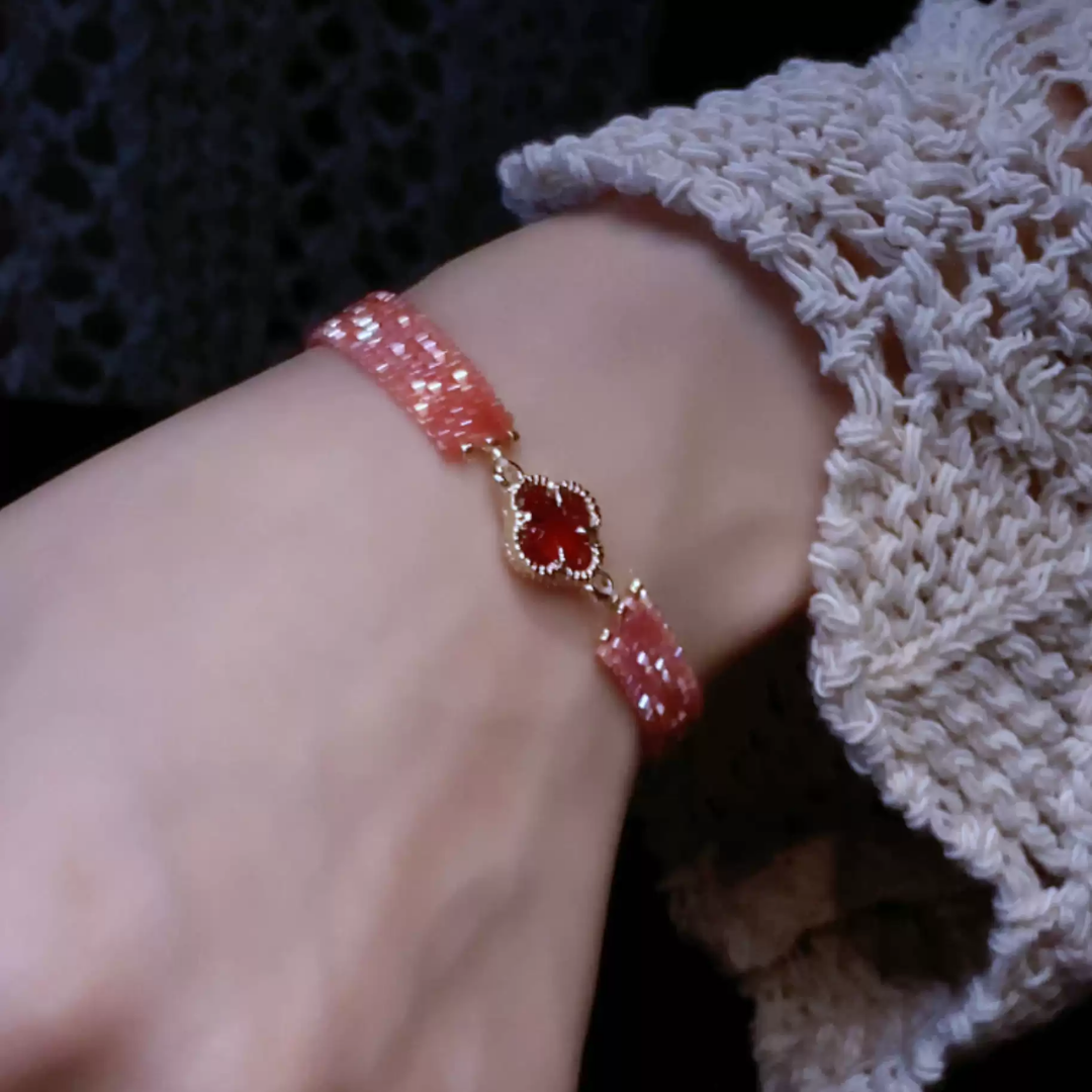 Handwoven Japanese Vintage Pink Beaded Clover Charm Bracelet