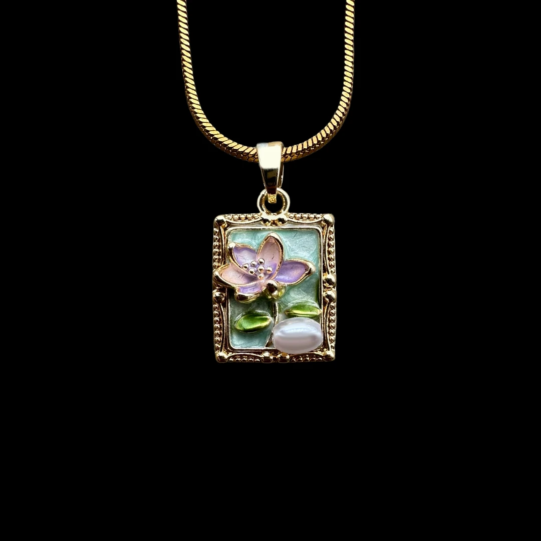 French Enamel Floral Titanium Steel Pendant Necklace