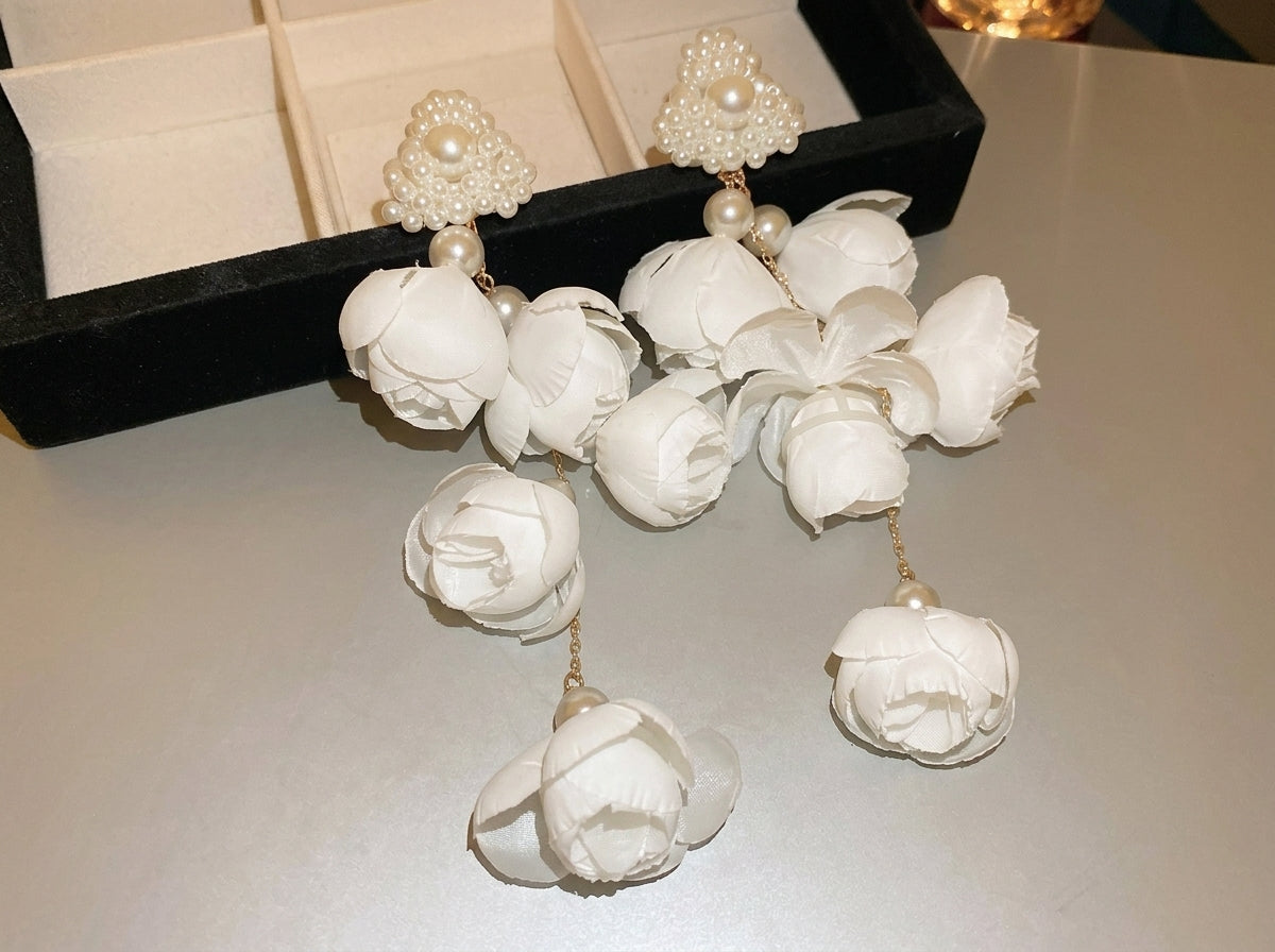 Handmade Fabric Flower Long Tassel Earrings, Pearl Cascade Bridal Wedding Dangle Earrings, Boho Statement Vacation Jewelry, Gift for Her