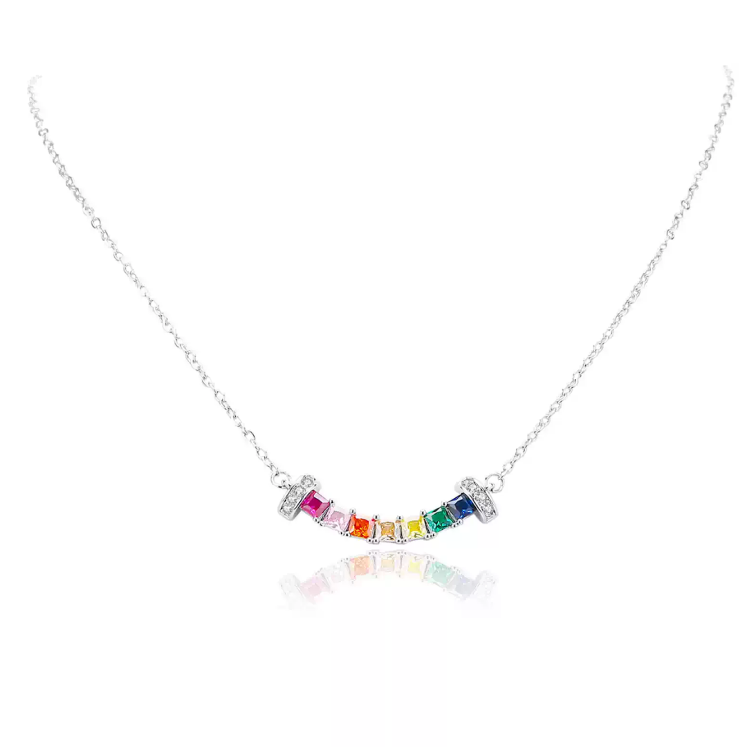 Rainbow Baguette Curve Lab-Grown Diamond Sterling Silver Necklace