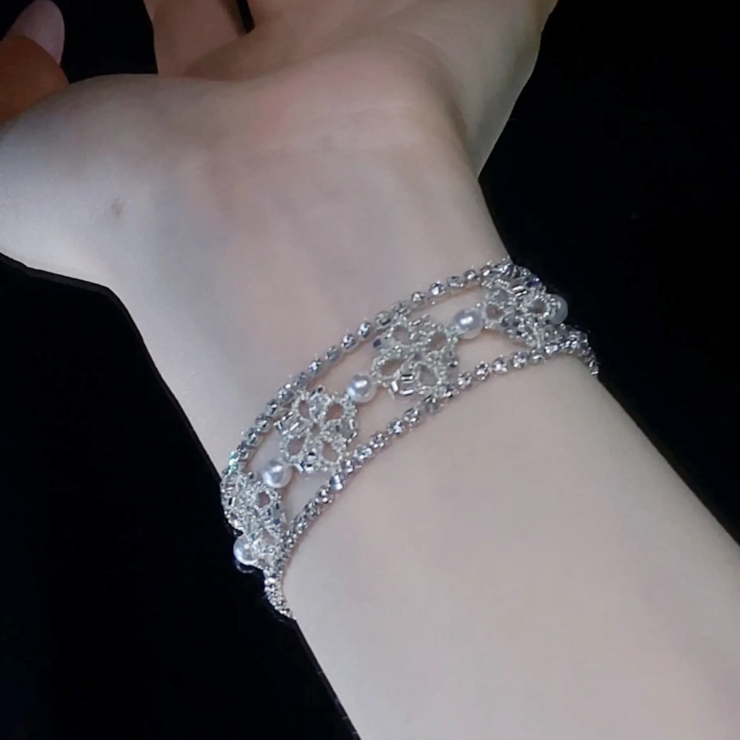Hand Woven French Lace Pearl Crystal Beaded Floral Bracelet
