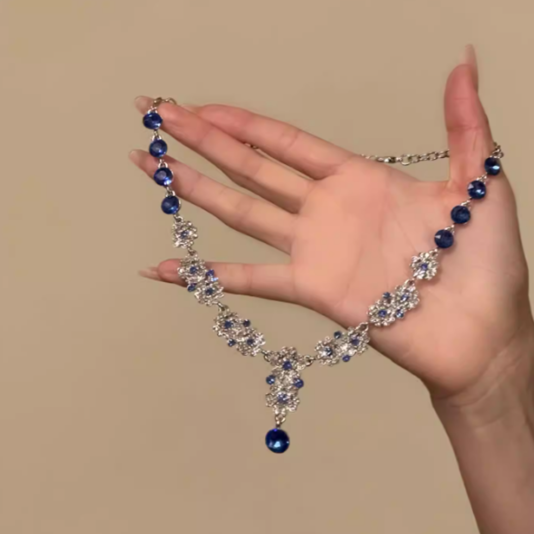 Blue Gemstone Teardrop Statement Pendant Necklace