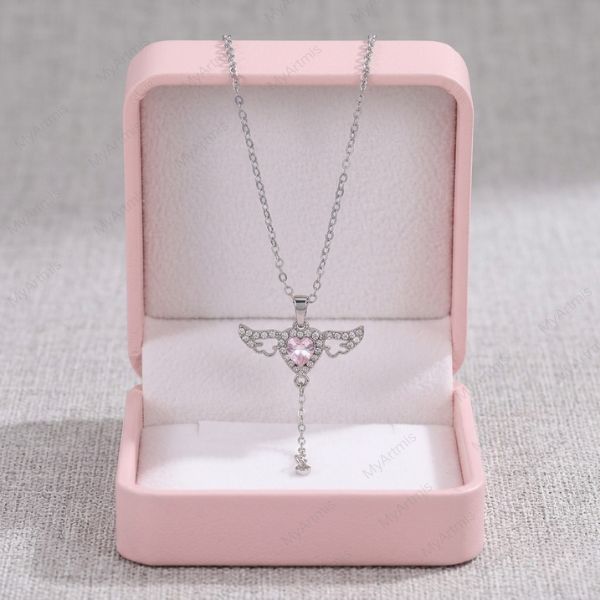 Sparkling Pink CZ Heart Angel Wings Necklace for Women, Y2K Coquette Aesthetic Tassel Pendant Jewelry Gift