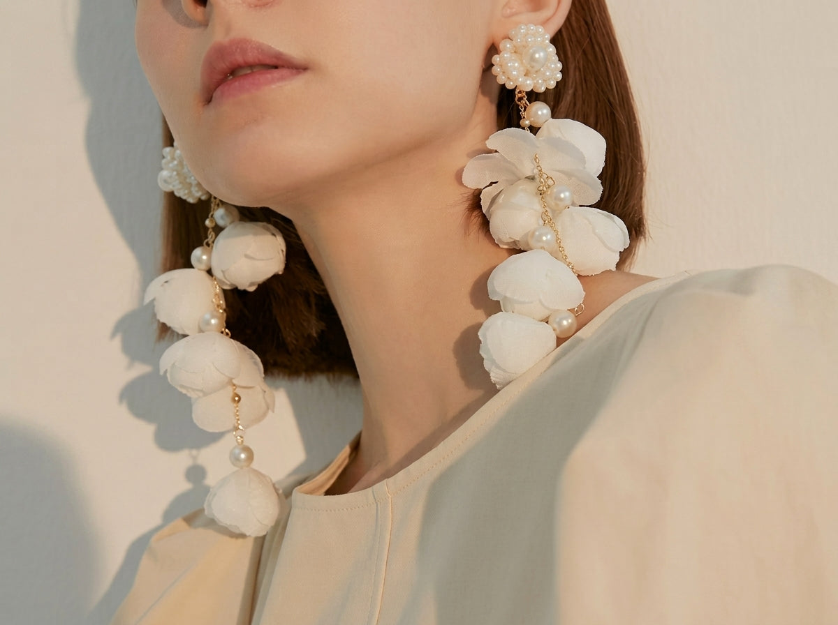 Handmade Fabric Flower Long Tassel Earrings, Pearl Cascade Bridal Wedding Dangle Earrings, Boho Statement Vacation Jewelry, Gift for Her
