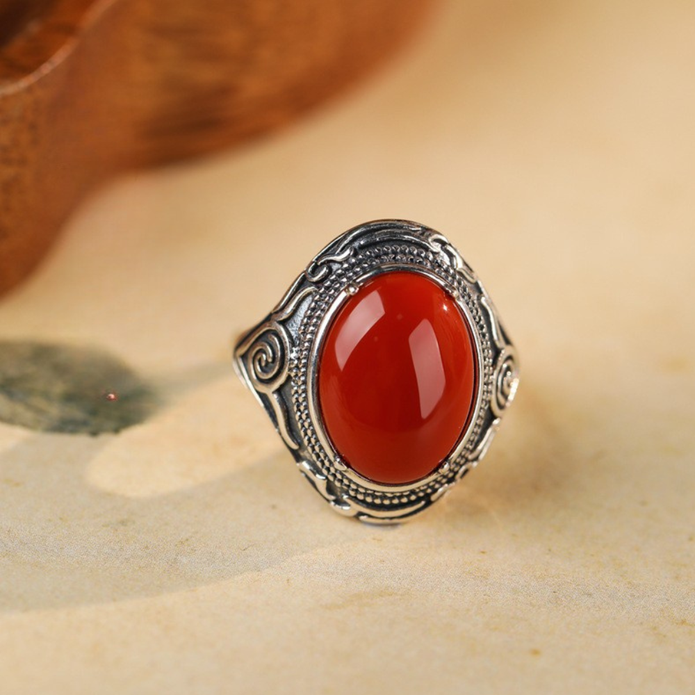 Red Agate Silver Cloud Healing Ring
