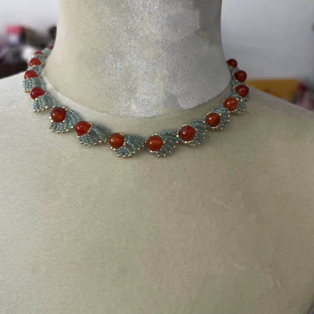 Handwoven Red Agate Lace Vintage Multi Layer Statement Necklace / Bracelet