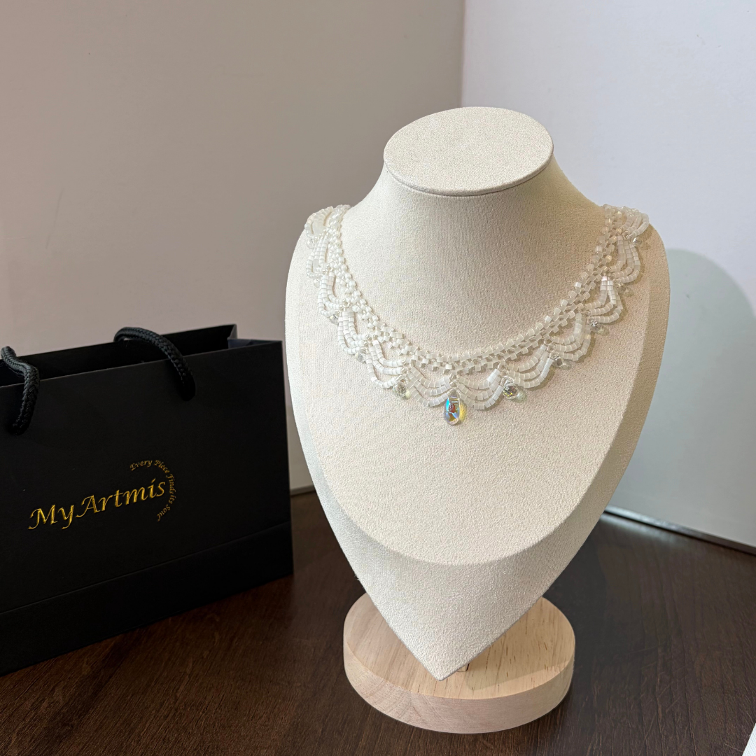 Handwoven White Opal Crystal Beaded Lace Necklace / Bracelet
