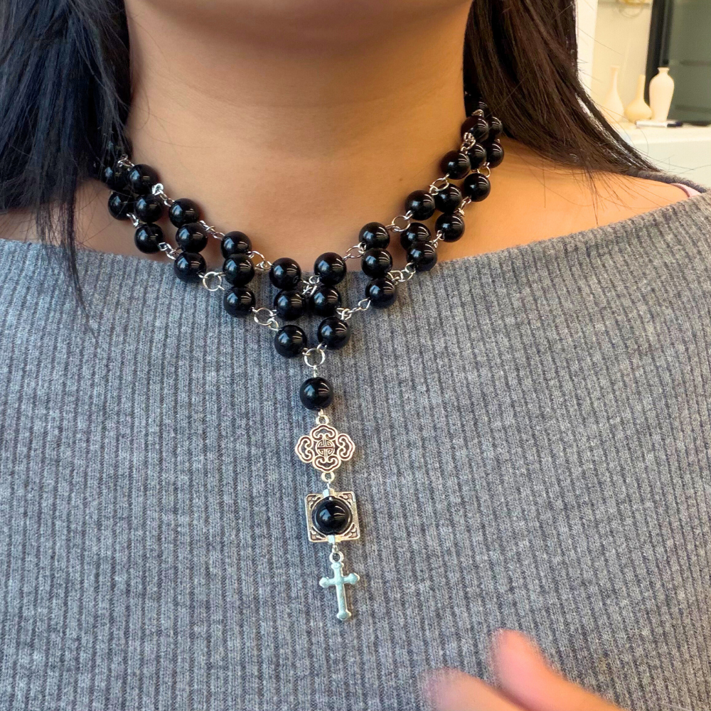 Bead Layered Cross Pendant Choker Necklace