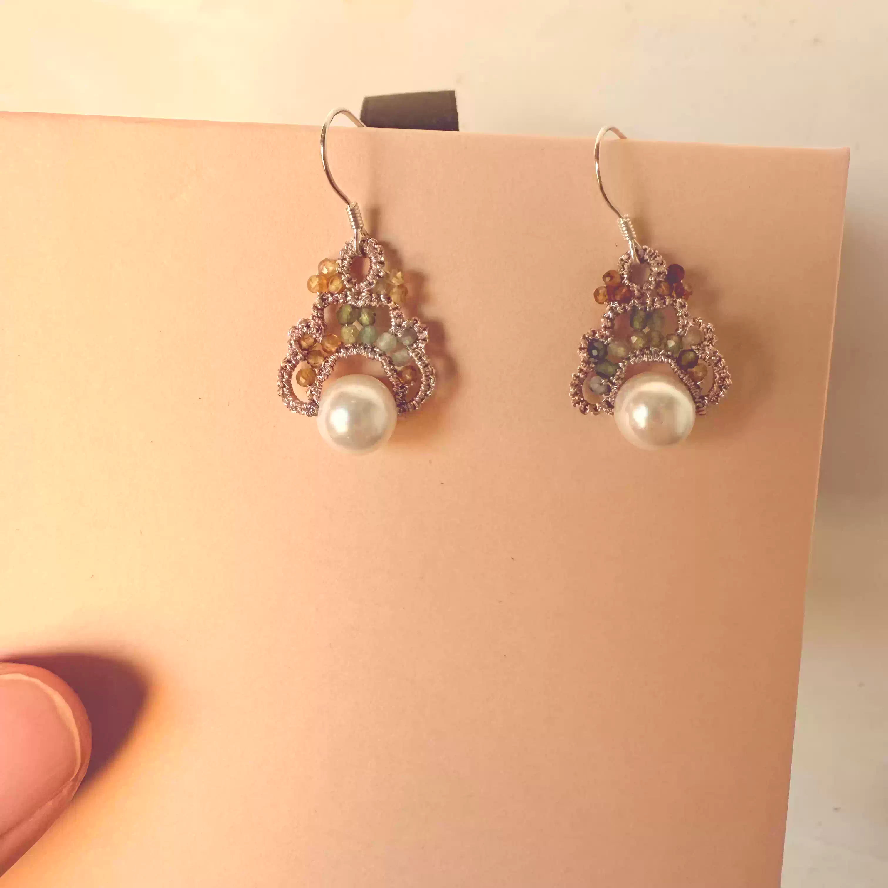 Handmade Lace Tatting Pearl Beaded Pastel Crystal Vintage Earrings