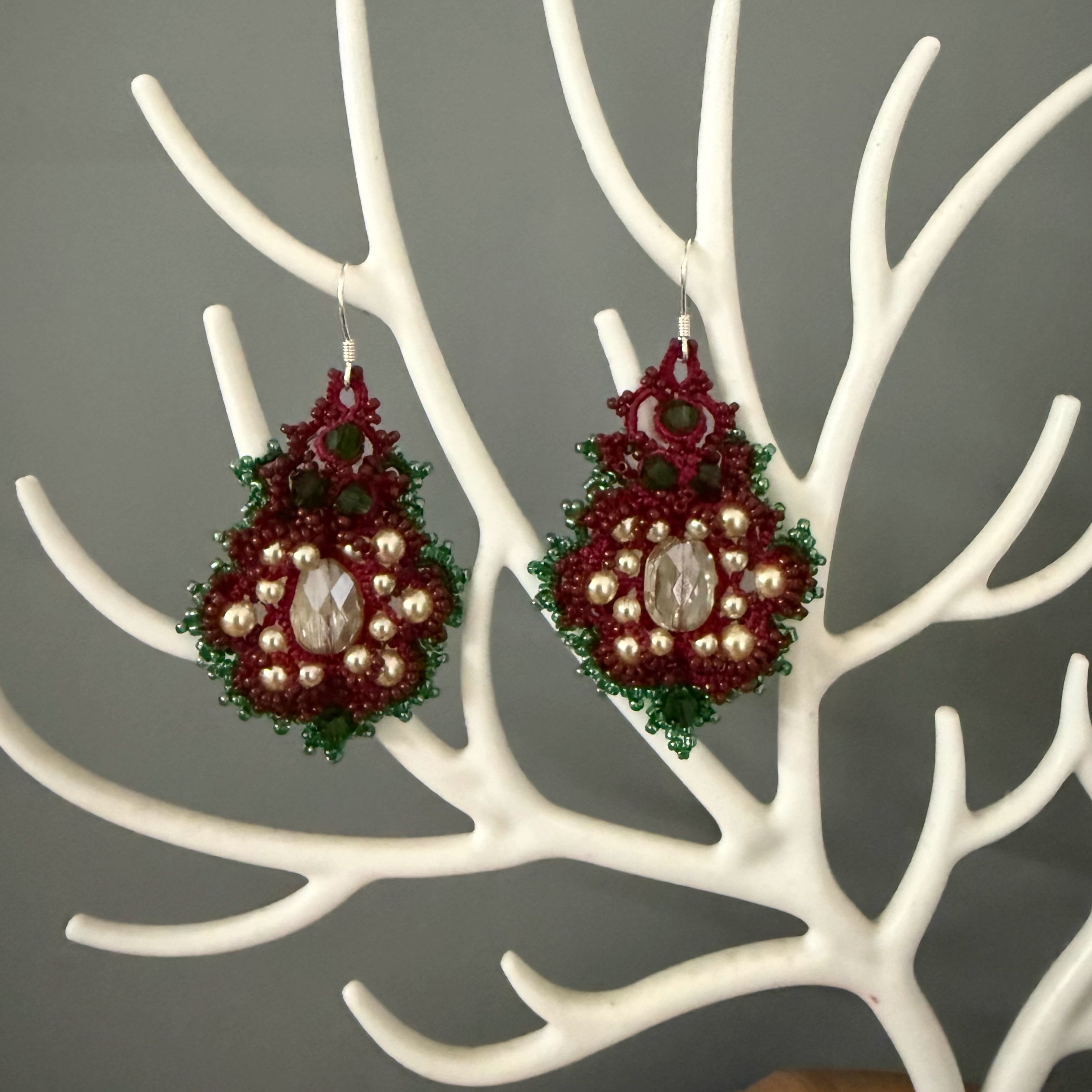 Christmas Tatting Lace Beaded Pearl Crystal Handmade Earrings