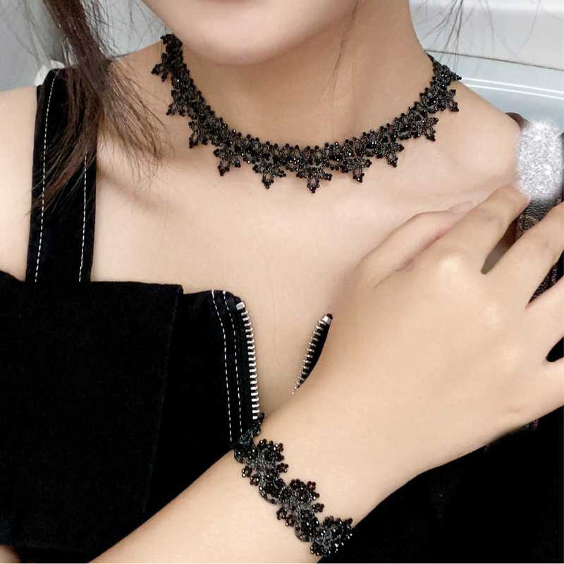 Hand-Tatted Black Spinel Lace Necklace & Bracelet Set Sparkling Statement Jewelry for Women