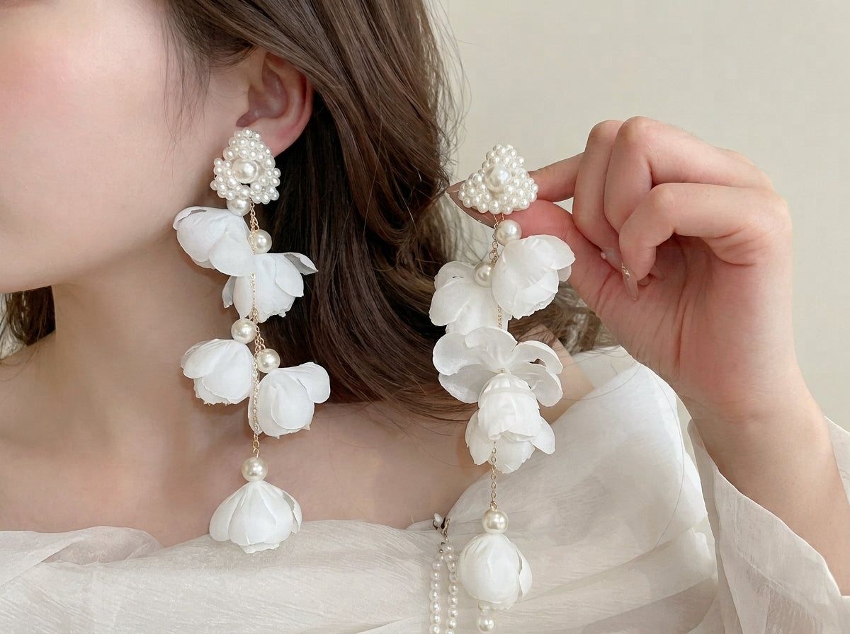 Handmade Fabric Flower Long Tassel Earrings, Pearl Cascade Bridal Wedding Dangle Earrings, Boho Statement Vacation Jewelry, Gift for Her