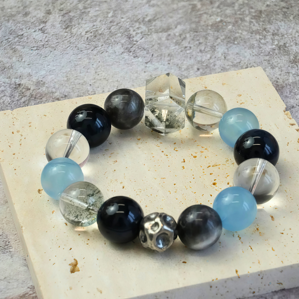 Black Obsidian Aquamarine Clear Quartz Energy Protection Calming Balance Bracelet