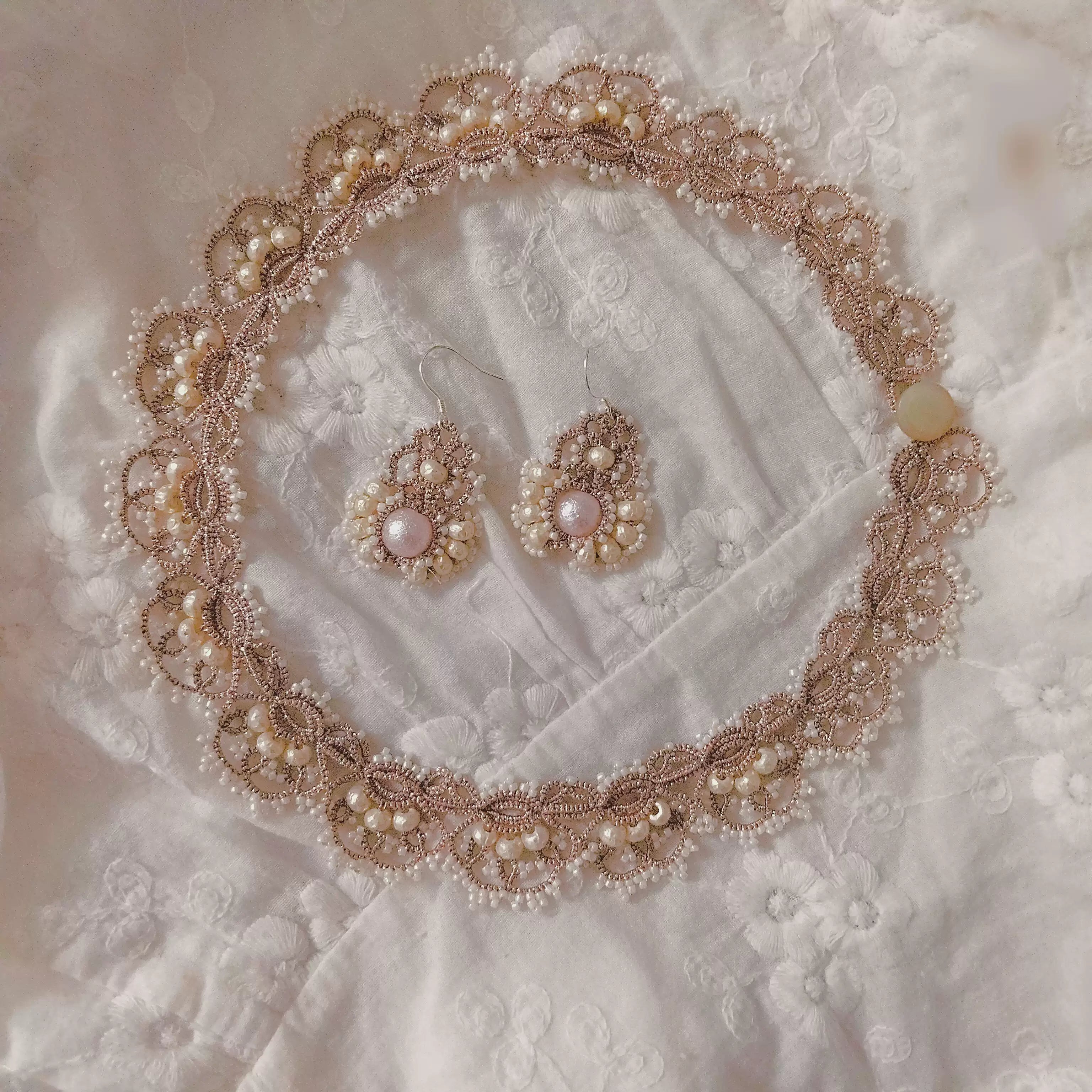 Handmade Lace Tatting Vintage Pearl Beaded Elegant Earrings