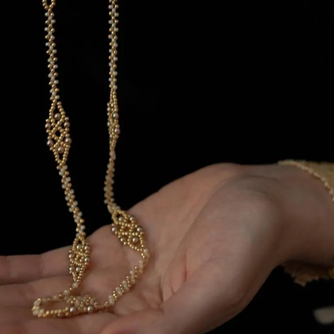 Handwoven  Champagne Gold Beaded Lace Pearl Bracelet / Necklace / Ring