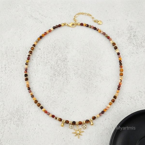 Natural Stone Layering Necklace  Tarnish-Free Star Charm Choker Vintage Maillard Style Layered Jewelry for Her