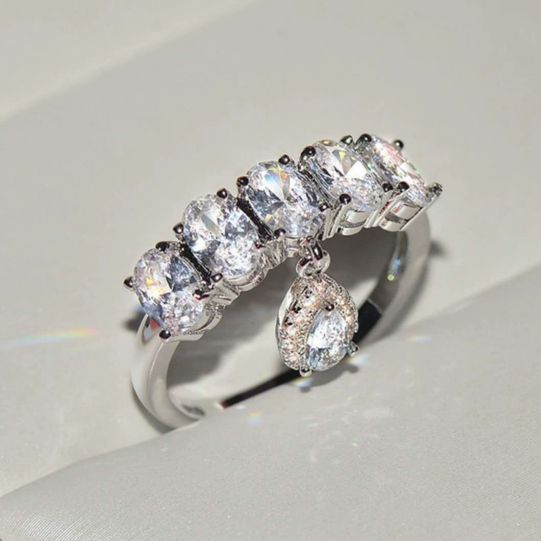 Pink Teardrop Crystal Halo Adjustable Silver Ring