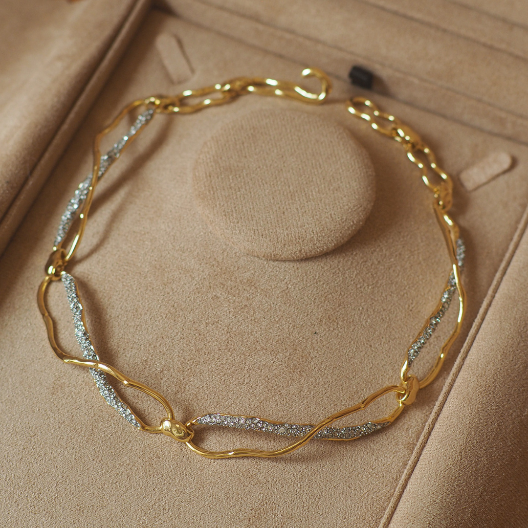 Gold Silver Chain Link Cubic Zirconia Statement Modern Necklace