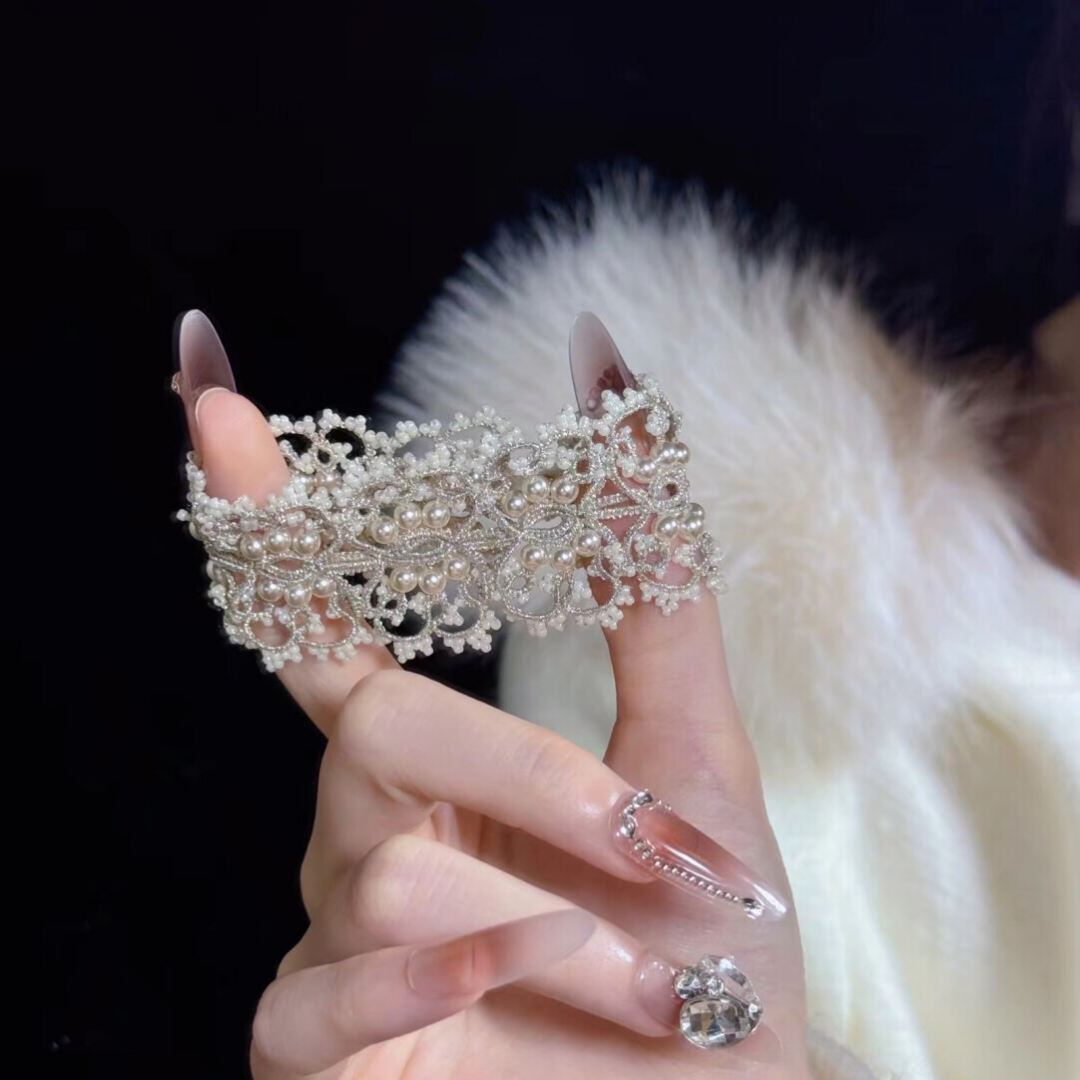 White Pearl Handwoven Tatting Lace Adjustable Bracelet