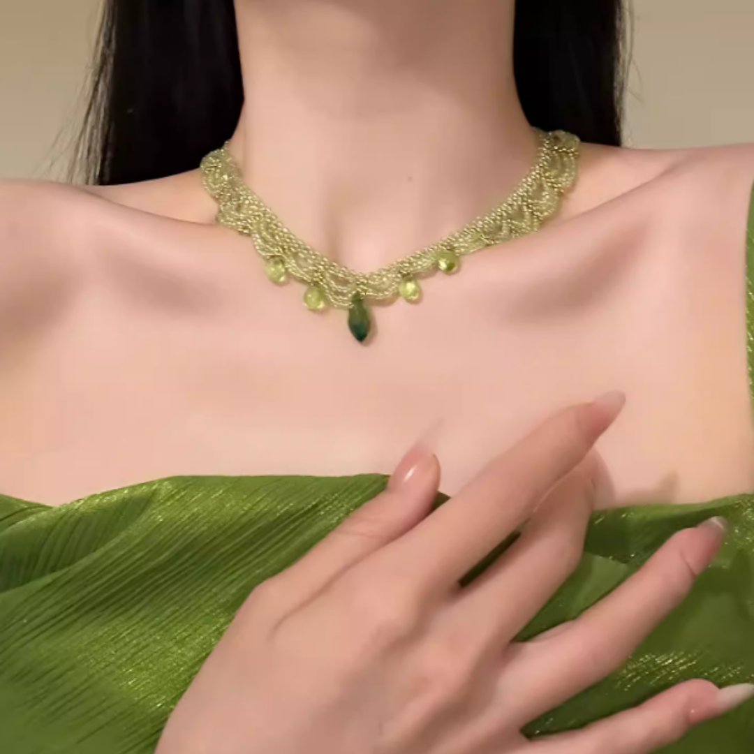 Handwoven Green Lace Beaded Choker Boho Statement Necklace