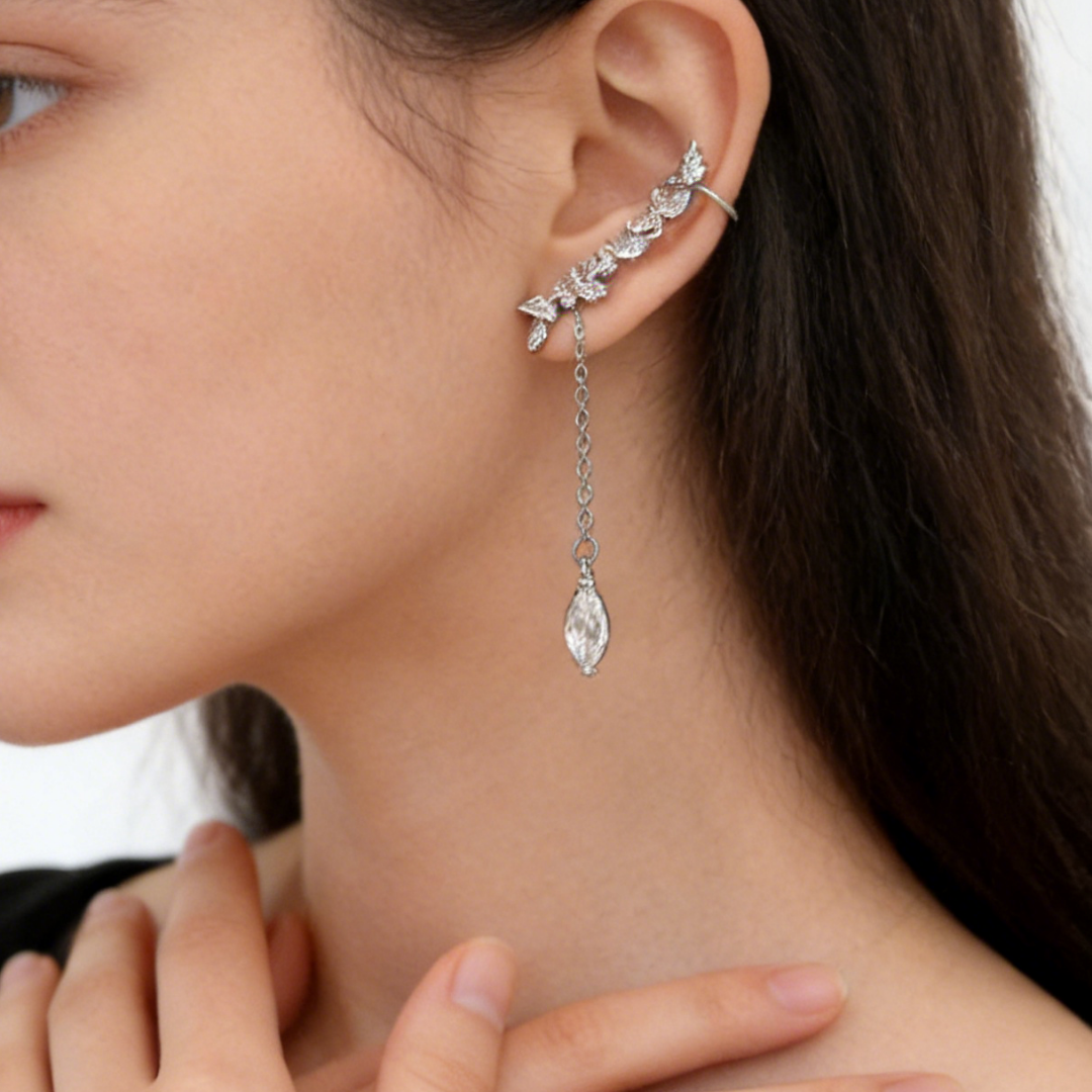Asymmetrical Zircon Fringe Chain Clip Earrings