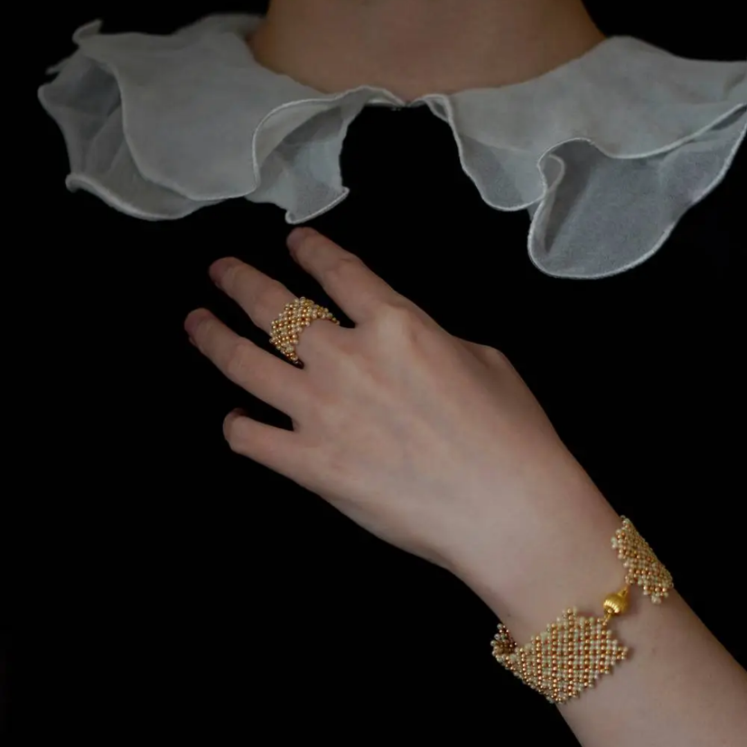 Handwoven  Champagne Gold Beaded Lace Pearl Bracelet / Necklace / Ring