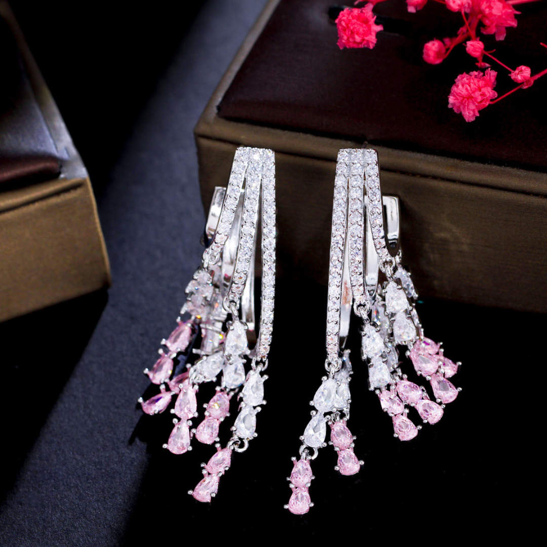 Luxury Pink Zircon Tassel Drop Lab Crystal Statement Earrings