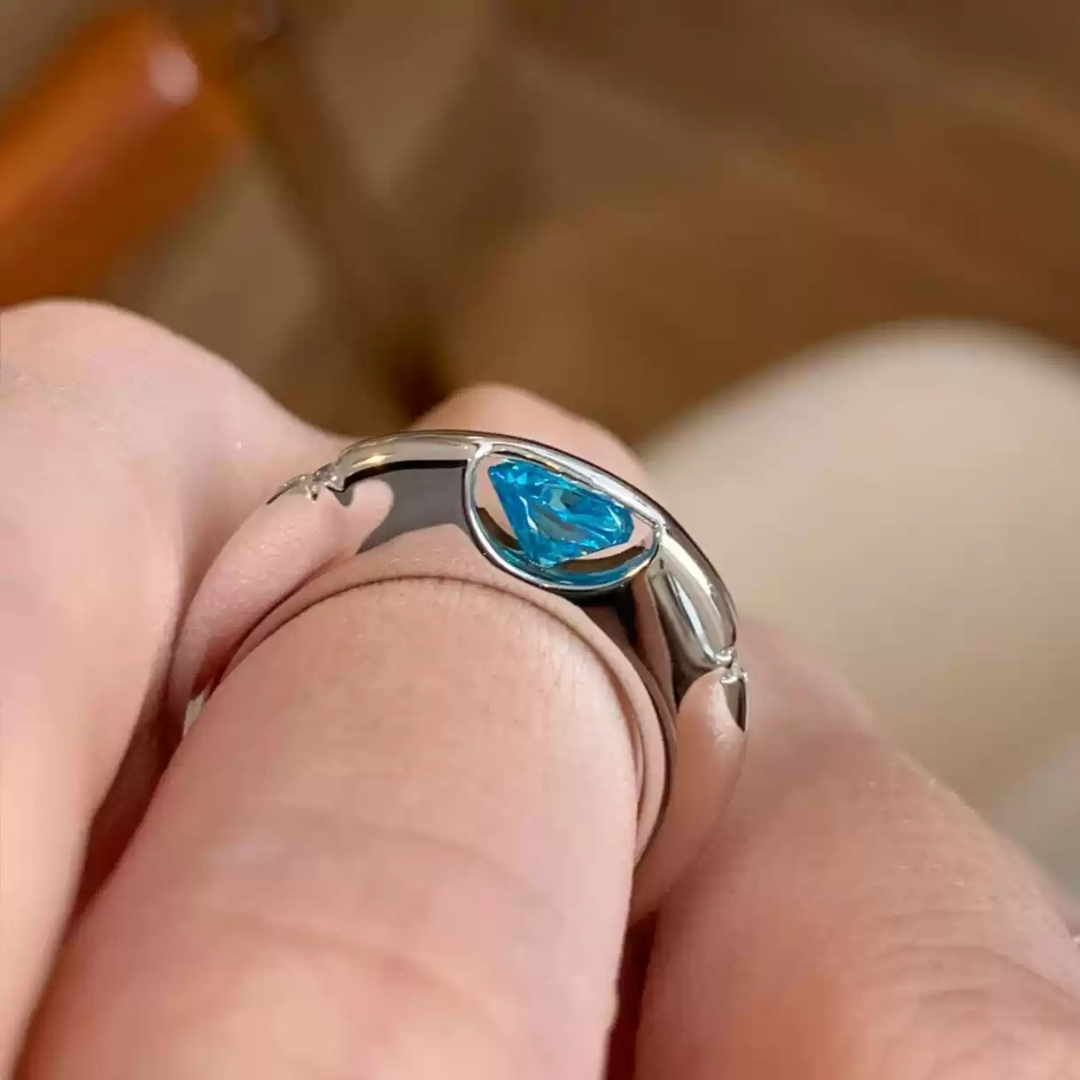 Ocean Blue Heart Zircon Open Adjustable  Ring