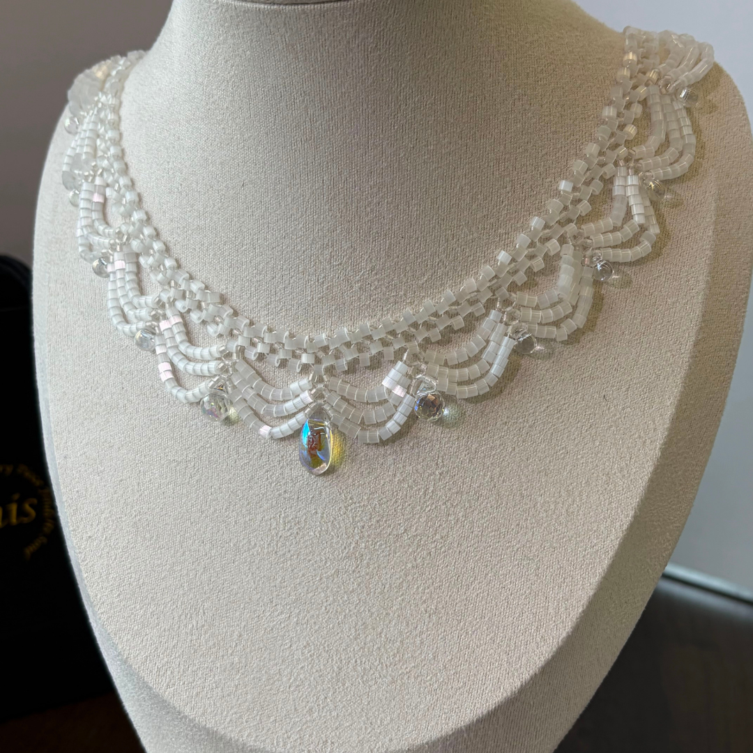 Handwoven White Opal Crystal Beaded Lace Necklace / Bracelet