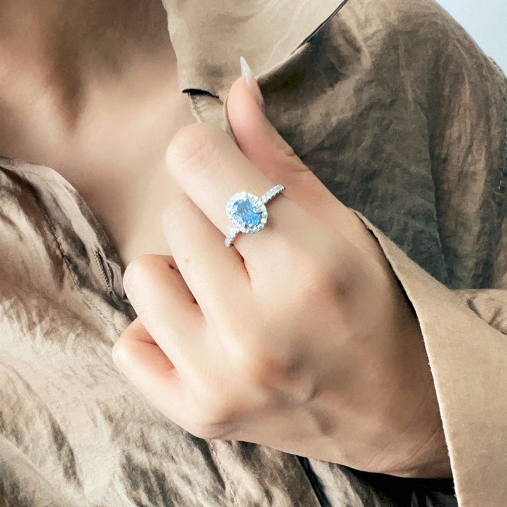 Aquamarine Silver Halo Serenity Healing Ring