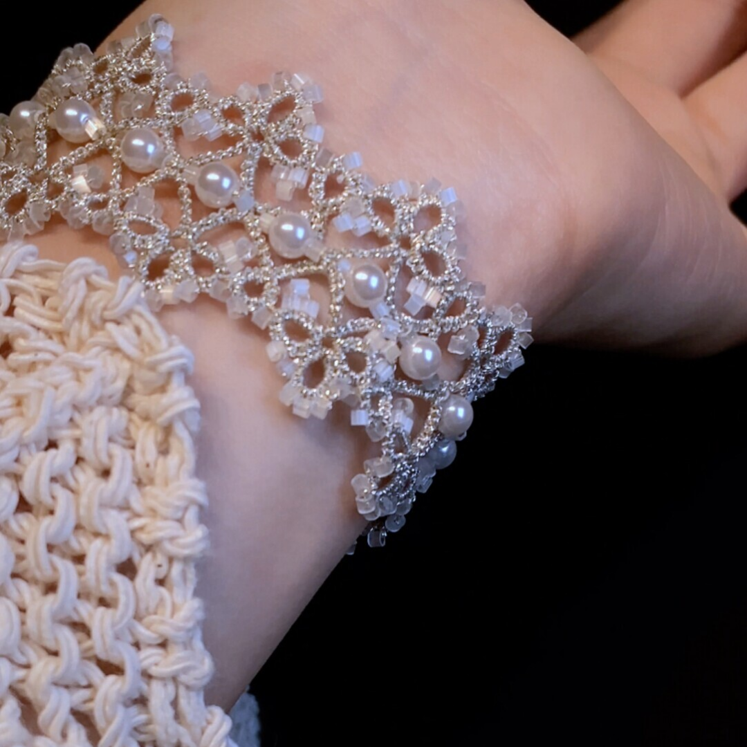 French Vintage Pearl Handwoven Tatting Bracelet