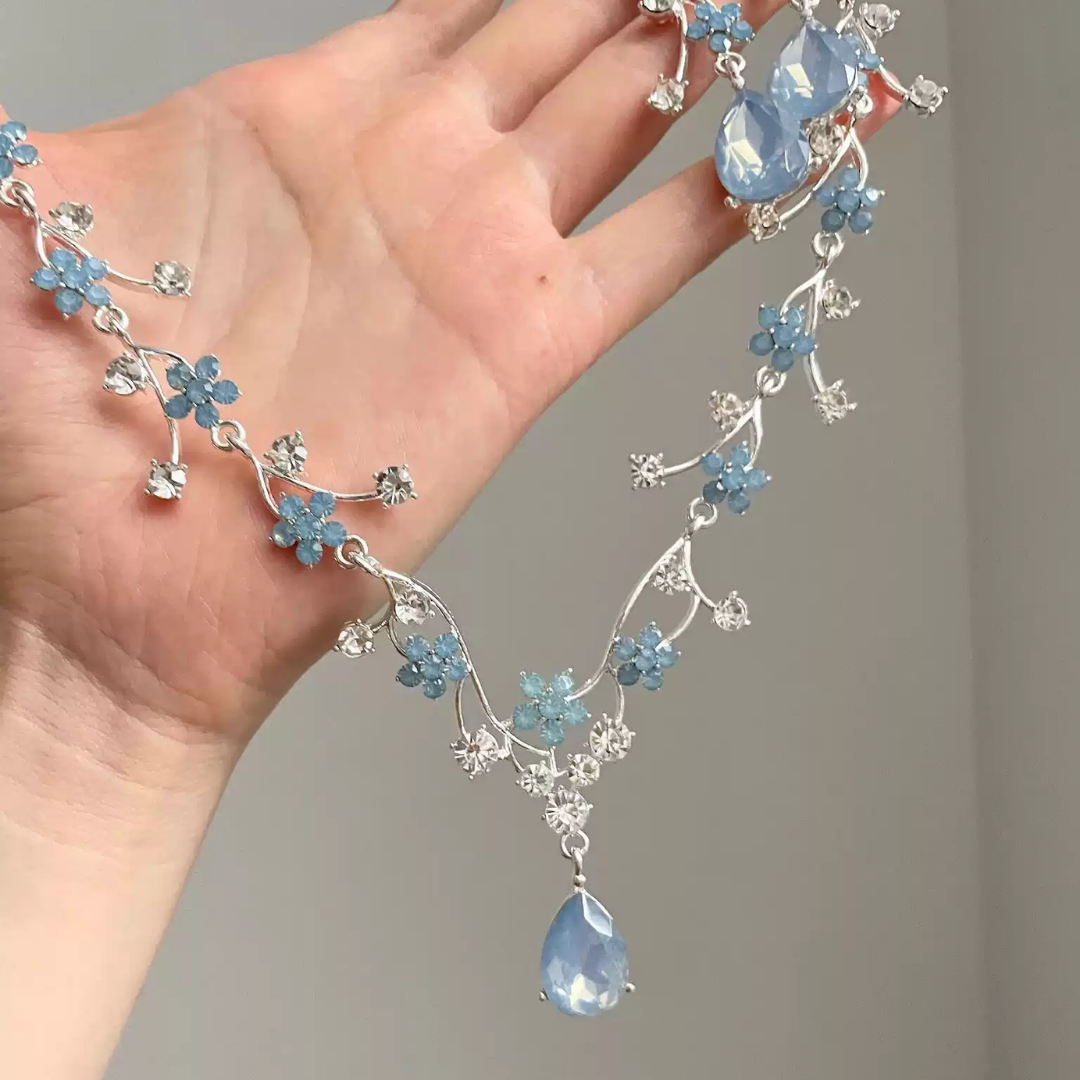 Blue Floral Crystal Statement Teardrop Pendant Necklace